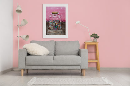 Discover a charming oil painting in pink tones that brings a delightful touch to any student apartment. This whimsical artwork features a jar full of chocolates and candies, with a cute jelly candy shaped like a bear nestled among the sweet treats. Perfect for adding a youthful spirit to your room, this lively piece brightens up your space and sparks joy. Ideal for decor enthusiasts looking to add a pop of color and playfulness, this painting is a sweet addition to your collection. Bring home happiness with