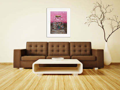 Immerse your space in sweetness with this charming oil painting in pink tones. Featuring a delightful jar overflowing with chocolates and candies, this artwork showcases a whimsical jelly candy shaped like a bear nestled among the treats. Perfectly suited for your living room decor, it beautifully complements a brown leather sofa, adding a touch of warmth and retro style. This unique piece not only enhances your interior but also sparks joy and nostalgia. Elevate your home with this enchanting artwork that’