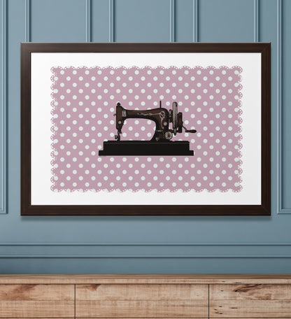 A framed picture of a sewing machine on an antique pink background. Vintage style. A picture that will add nostalgia to any room