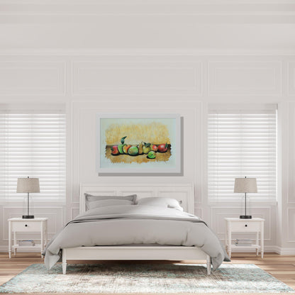 A perfect painting for a white bedroom of fruits arranged in a harmonious composition on the table. A painting in warm colors. With artistic brushstrokes. It will add a warm and artistic atmosphere to the room