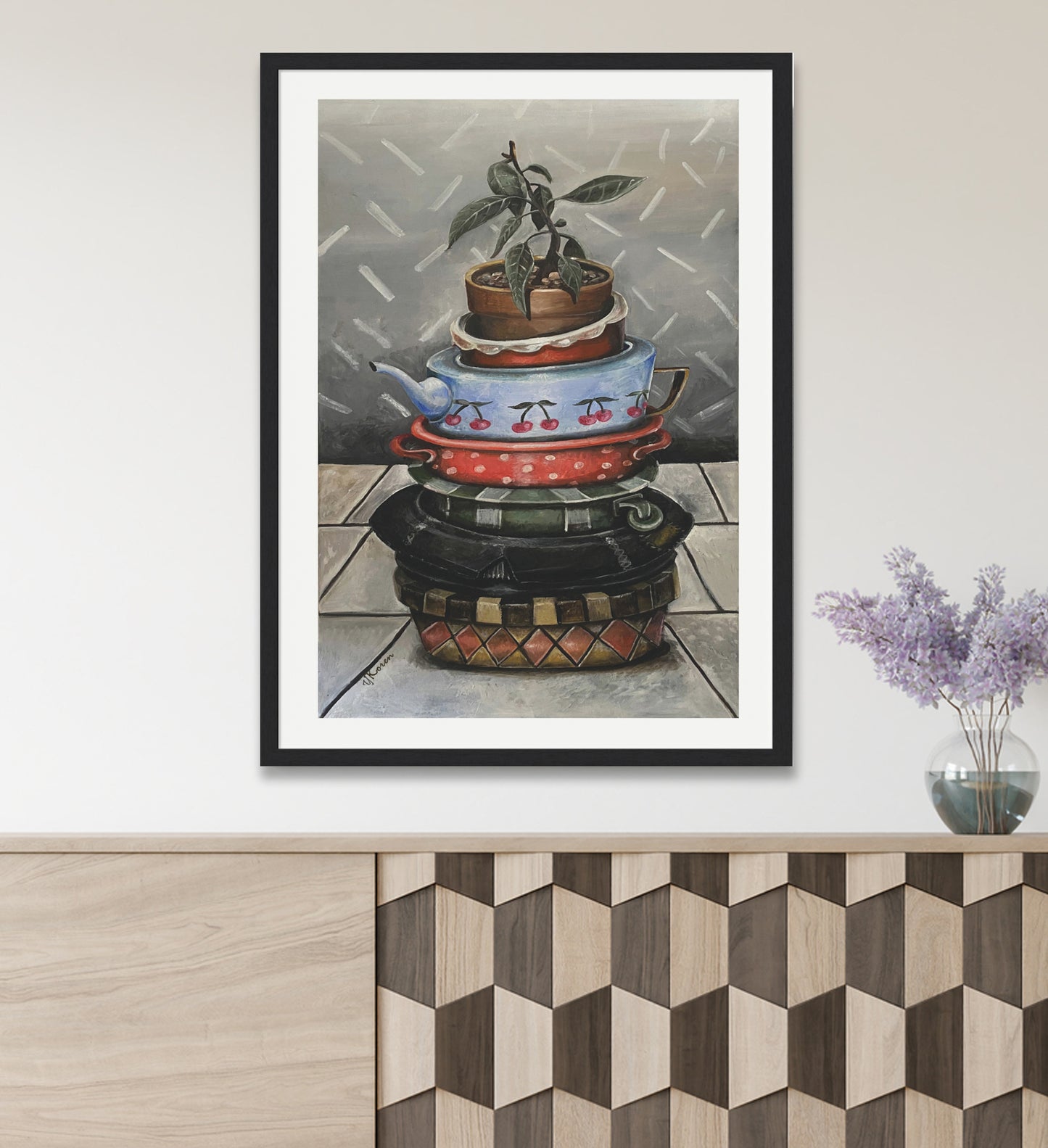 Add a touch of nostalgia to your space with this realistic oil painting featuring a charming pile of dishes stacked high, topped with a small seedling in a pot. This vintage poster is ideal for retro design enthusiasts, perfectly embodying the granny look that vintage lovers adore. Perfect for kitchens, dining areas, or cozy nooks, it brings warmth and character to any room. Elevate your decor with this unique piece that showcases the beauty of everyday life through an artistic lens. Embrace vintage flair t