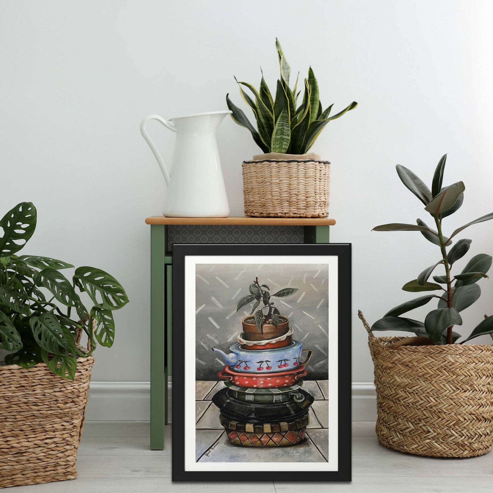 Realistic oil painting of a pile of dishes standing on top of each other in a pile. Above them is a small seedling in a pot. The poster will add the vintage charm to any room and give a splash of color