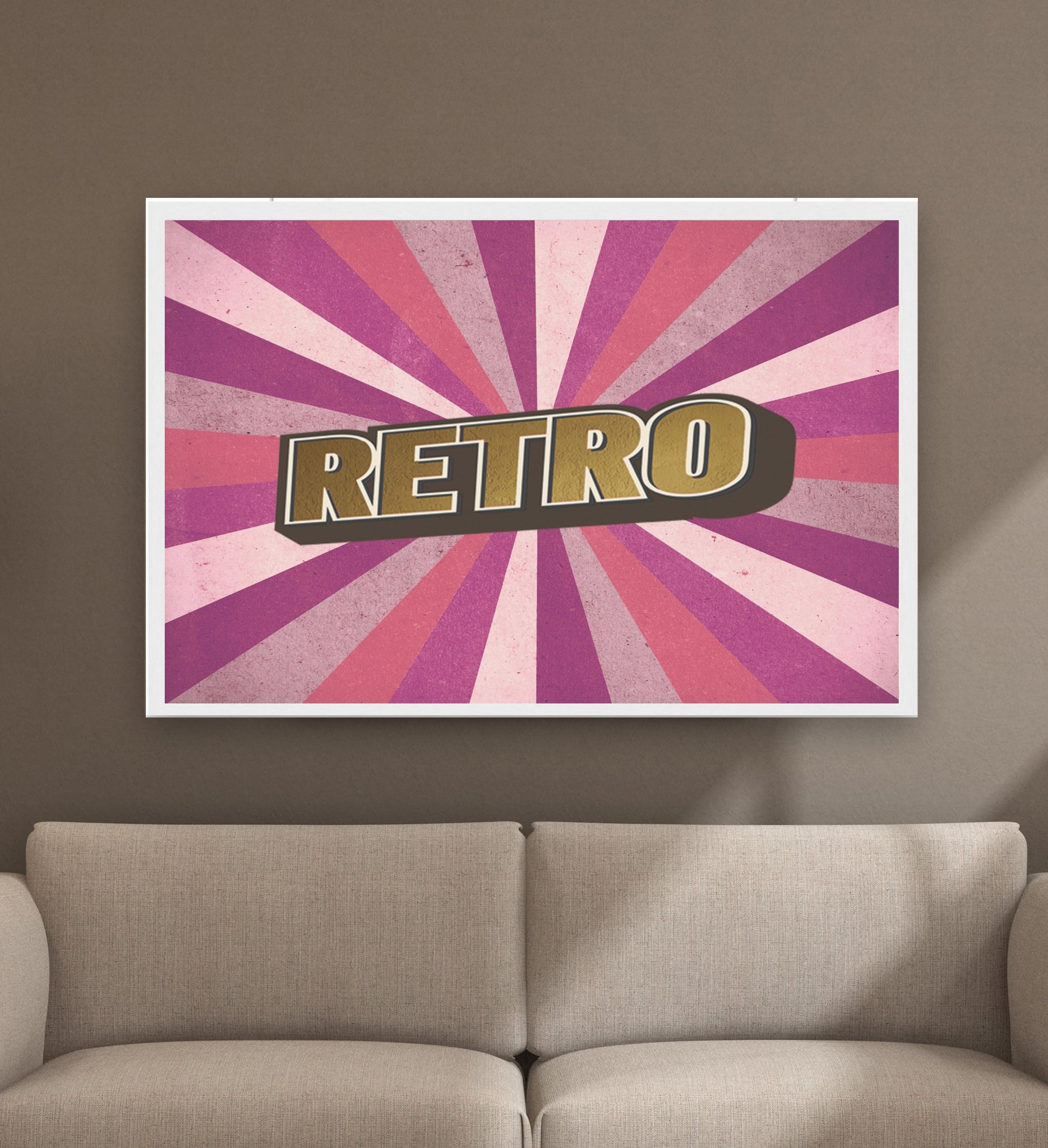 Transform your living space with this stunning poster featuring the word retro in striking gold, elegantly centered and adorned with vibrant purple and pink lines. Perfect for adding a vintage atmosphere to any room, this artwork brings a nostalgic touch and a splash of color to your living room decor. Whether you're a fan of retro aesthetics or simply want to brighten your space, this poster is the ideal choice. Elevate your home with this unique piece, perfect for vintage lovers 