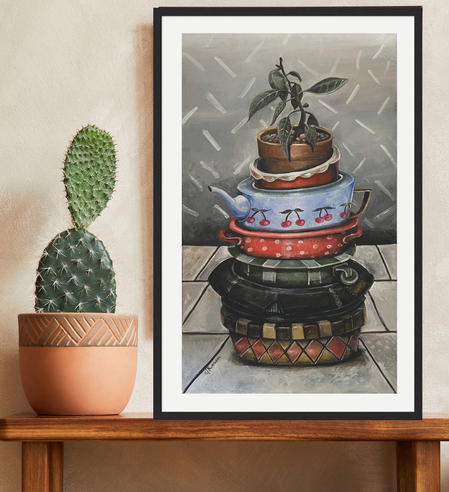 A vertically framed poster featuring a realistic oil painting of old utensils such as a bowl, a bucket, a light blue teapot, a red pot with white dots and an old hat in a pile with a small seedling in a pot. This vintage and retro painting is suitable for the kitchen and for those who appreciate old world charm.