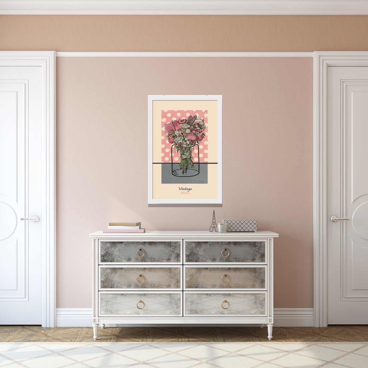 The charming poster of a pink bouquet with a small mushroom tied with a silk ribbon is perfect for lovers of the color pink. The dot style will bring a unique texture to the space. Every brush stroke is done meticulously. It will bring sophistication to any space