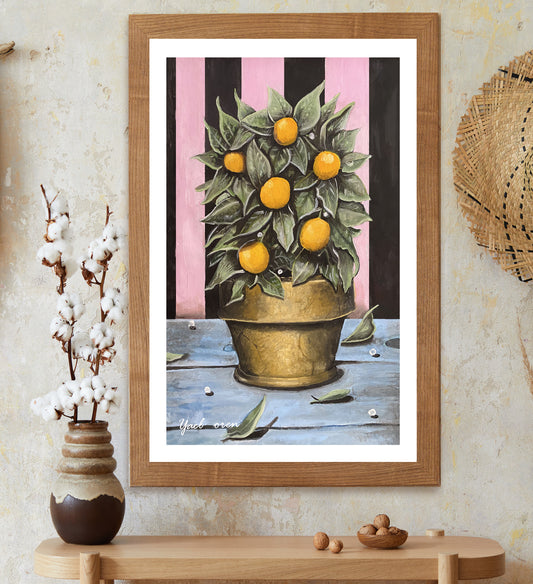 A great realistic painting of a branch of oranges twisting in a cracked pot that stands on a light blue painted wooden table on which leaves are falling. In the back there is striped wallpaper in brown and pink colors. Optimistic painting. rich in color. Professionally made
