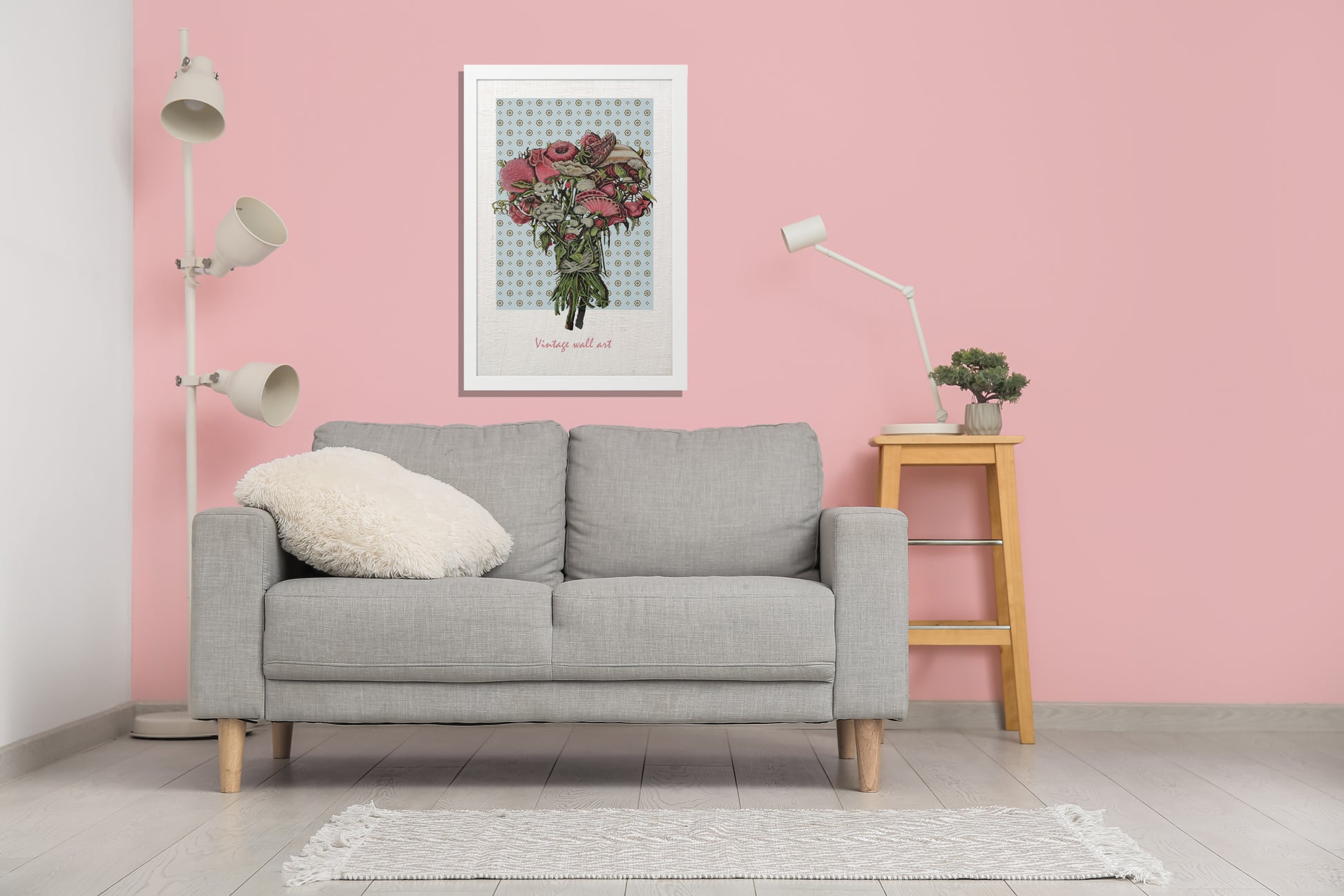 Transform your space with this stunning vertical poster featuring a realistically drawn bouquet of pink flowers. Set against a light blue wallpaper adorned with delicate floral patterns, this artwork is perfect for adding a touch of vintage charm to your pink living room. Its captivating colors and intricate details make it a beautiful focal point for any decor. Ideal for flower lovers and vintage design enthusiasts alike, this poster brings elegance and warmth to your home. Elevate your interior with this 