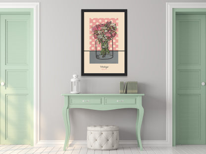 The framed poster featuring a bouquet of pink flowers tied with a silk ribbon is placed on pink gift paper with white dots. Perfect painting for the hallway. above a console. Adds the vintage style to any space. Suitable for any age