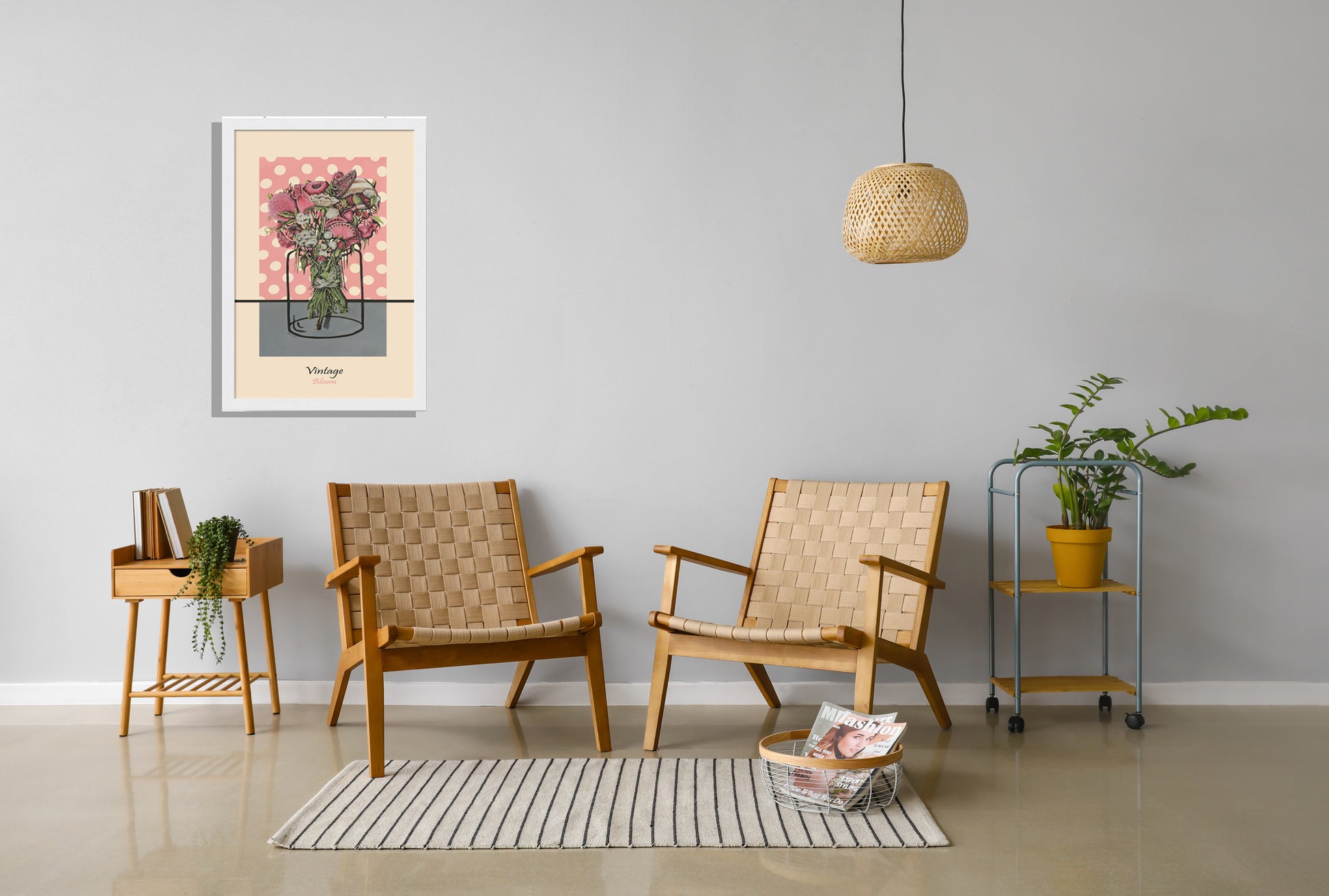 If you like simplicity and the beauty of nature. This is the perfect painting for you. Suitable for straw furniture or natural wood color furniture. Gives a touch of vintage to any room