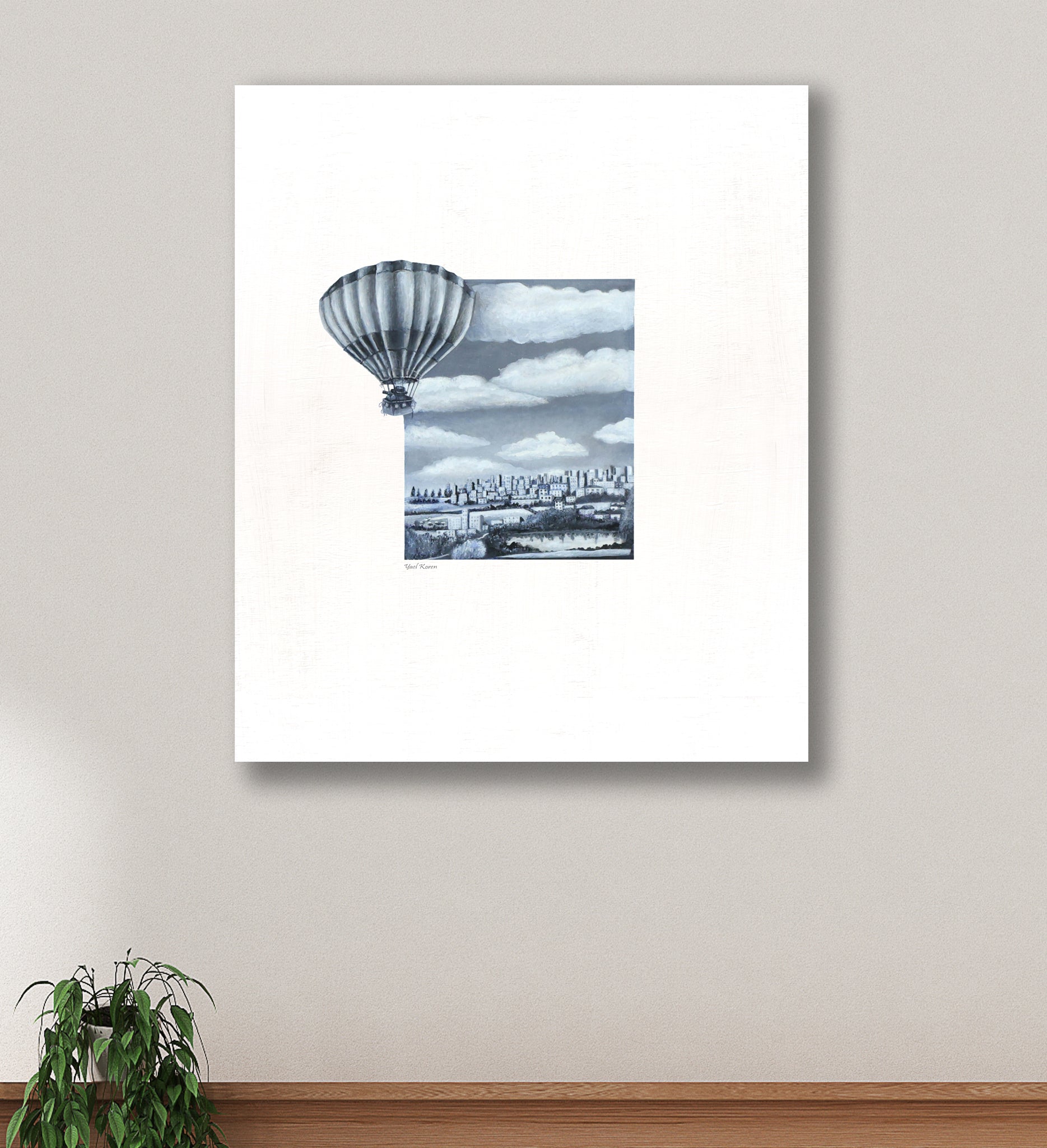 Print a realistic drawing. In the center there is a landscape rectangle, with mountains and a lake and clouds, from the image a hot air balloon emerges onto the white background surrounding the painting. Vintage photo. A combination of retro and modern design. The painting hangs on a beige wall. above a brown sideboard