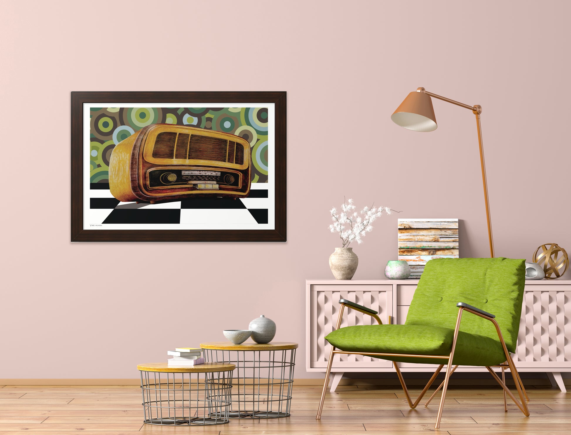 A retro style poster of a realistic painting of an old radio. The radio is on a black and white checkered floor and in the background is a circle wallpaper in the style of the 1960s. 
The painting is suitable for any living room that wants to add nostalgia. can add contrast to a pink wall and bring a unique design to the room