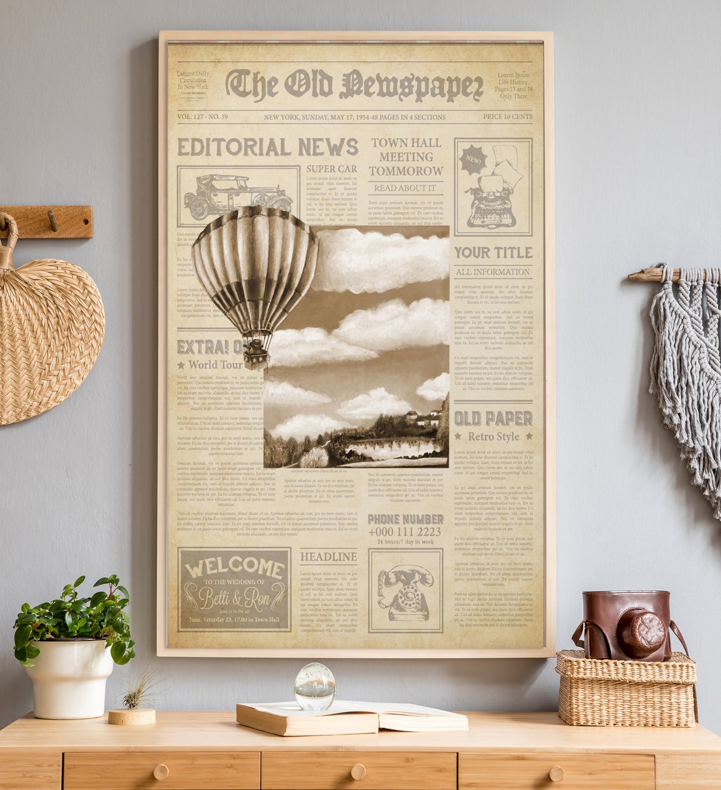 Transform your space with this stunning old newsprint poster featuring an exquisite oil painting at its center. The captivating black and white landscape serves as the backdrop for a whimsical hot air balloon, creating a striking focal point. This retro and vintage-style artwork is perfect for adding charm to your entrance, especially against a light blue wall. Elevate your home decor with this unique piece that blends nostalgia and artistry, making it a pearl of your home’s aesthetic. Perfect for collector