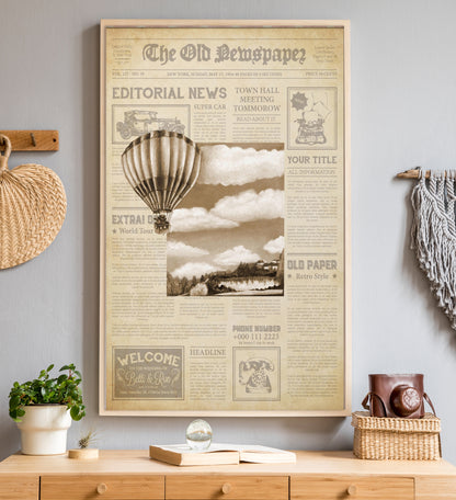 Transform your space with this stunning old newsprint poster featuring an exquisite oil painting at its center. The captivating black and white landscape serves as the backdrop for a whimsical hot air balloon, creating a striking focal point. This retro and vintage-style artwork is perfect for adding charm to your entrance, especially against a light blue wall. Elevate your home decor with this unique piece that blends nostalgia and artistry, making it a pearl of your home’s aesthetic. Perfect for collector