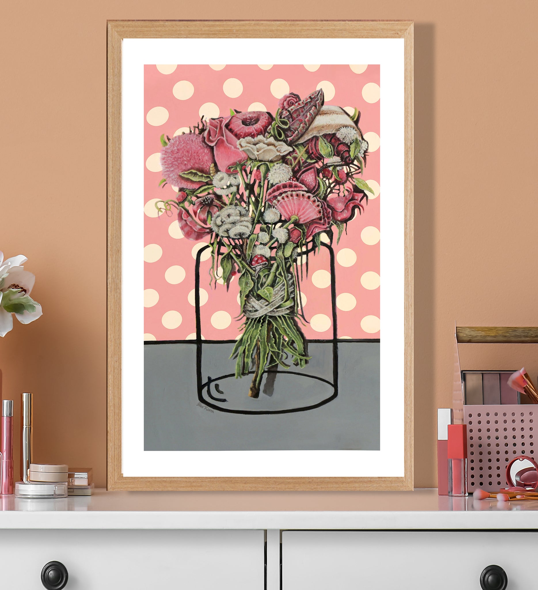 An amazing drawing of a bouquet of flowers tied with a silk ribbon placed on a pink gift paper with dots, with a jar illustrated on the paper. The painting is suitable for a girl who likes the vintage style