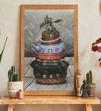 Transform your space with this stunning realistic oil painting of a towering pile of dishes, gracefully topped with a small seedling in a pot. Perfect for your home’s entrance, this artwork brings a touch of whimsy and nature indoors. Its unique theme makes it a fantastic addition to any yard or garden, capturing the essence of life’s simple treasures. Ideal for garage sale enthusiasts looking to enhance their decor. Don’t miss the chance to own this one-of-a-kind piece that will spark conversations 