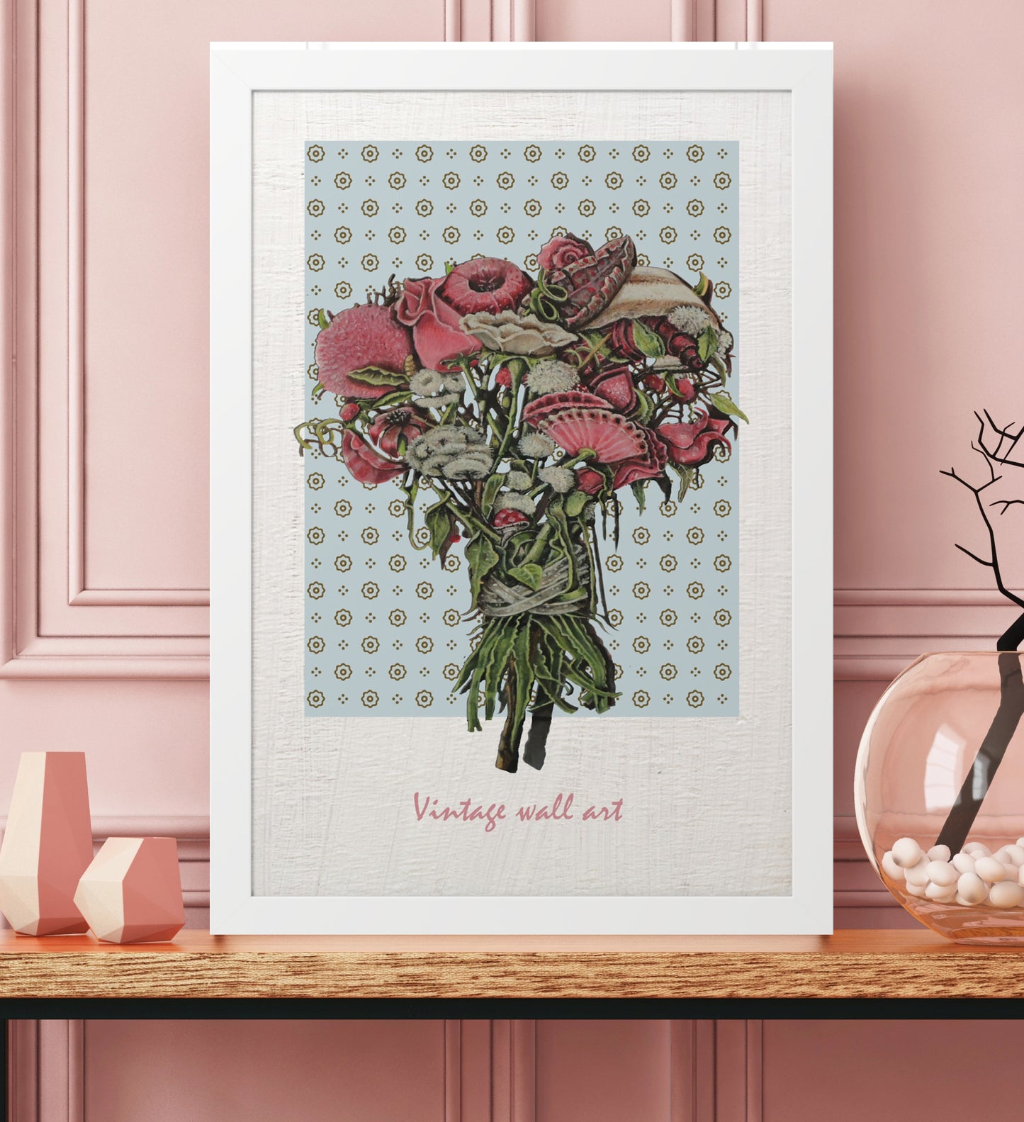 Elevate your living space with this stunning vertical framed poster, showcasing a realistically painted bouquet of pink flowers against a light blue wallpaper adorned with delicate floral patterns. This exquisite artwork adds a luxurious feel to any room, making it the perfect addition for those who appreciate beauty and elegance. Ideal for collectors of the color pink, this piece will enhance your decor and create a vibrant atmosphere. 