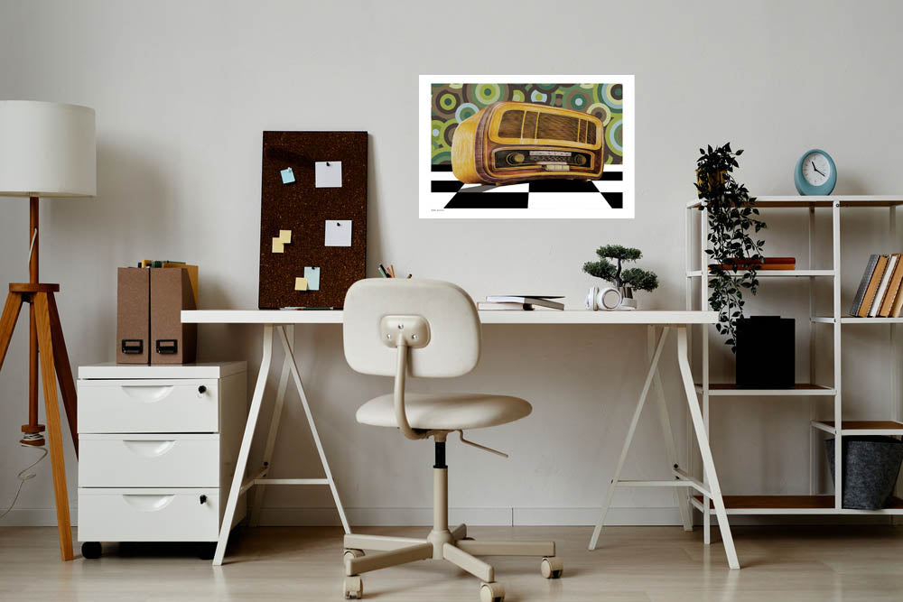 A retro style poster of a realistic painting of an old radio. The radio is on a black and white checkered floor and in the background is a circle wallpaper in the style of the 1960s. 
The painting is suitable for any living room that wants to add nostalgia. The painting adds character to any office or work area
