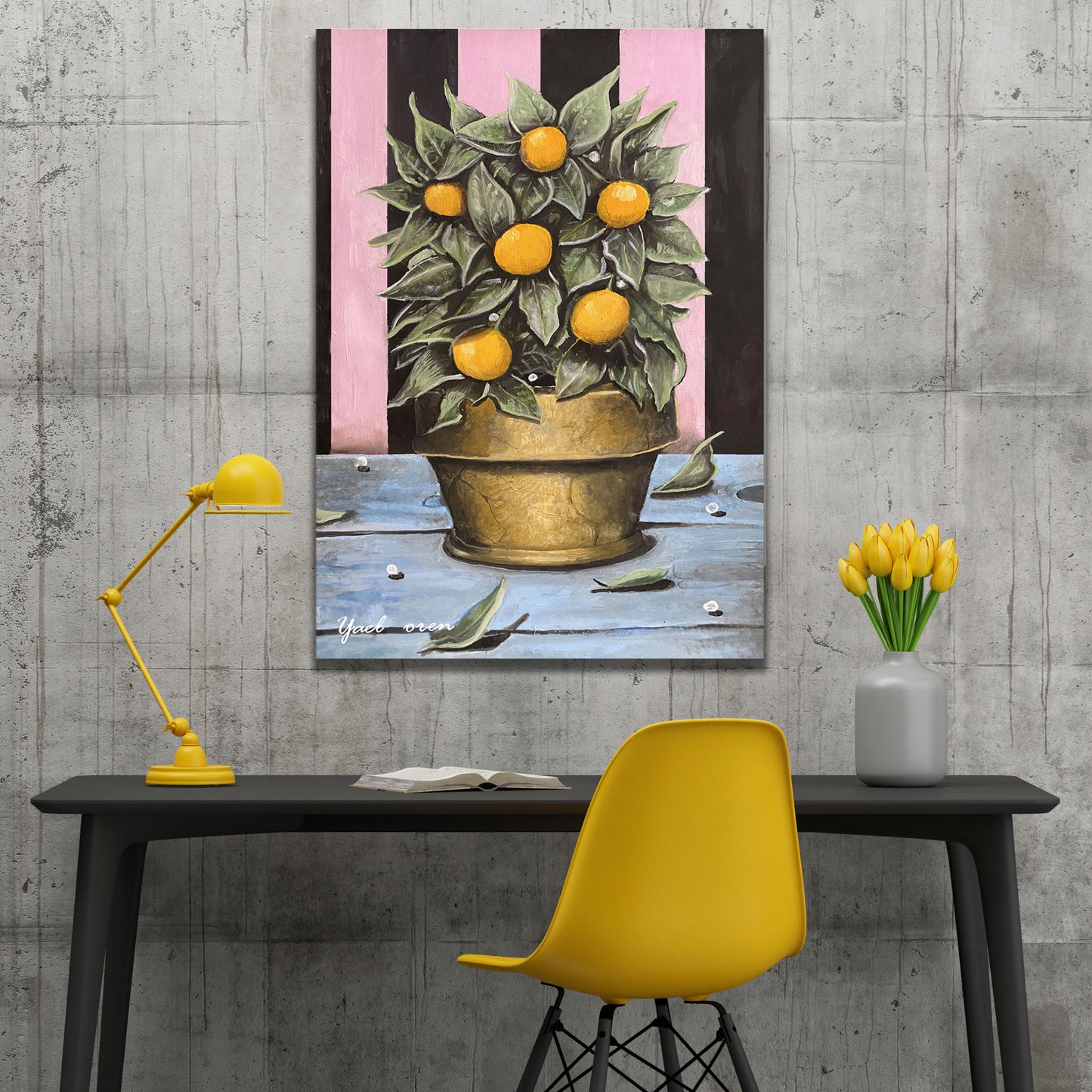 The beautiful painting of a flowerpot with an orange branch in it. Suitable for decorating the home or office. Suitable for adding a touch of nature to an urban style office. The painting instills optimism and joy in any space