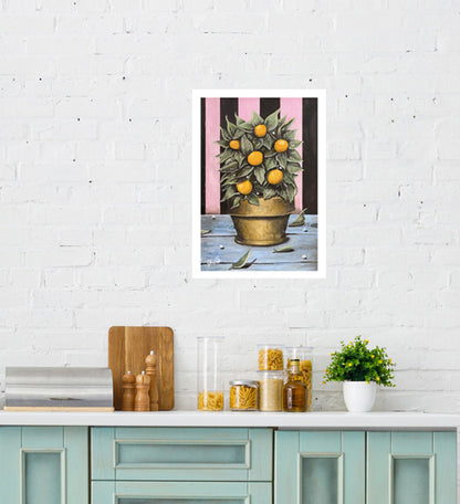 Whether you hang the poster in the kitchen, in the living room, or in the bedroom, the beautiful drawing of a flower pot with an orange branch will suit any room. This is a timeless painting. Suitable for any room and space. Adds soul to every corner of the house