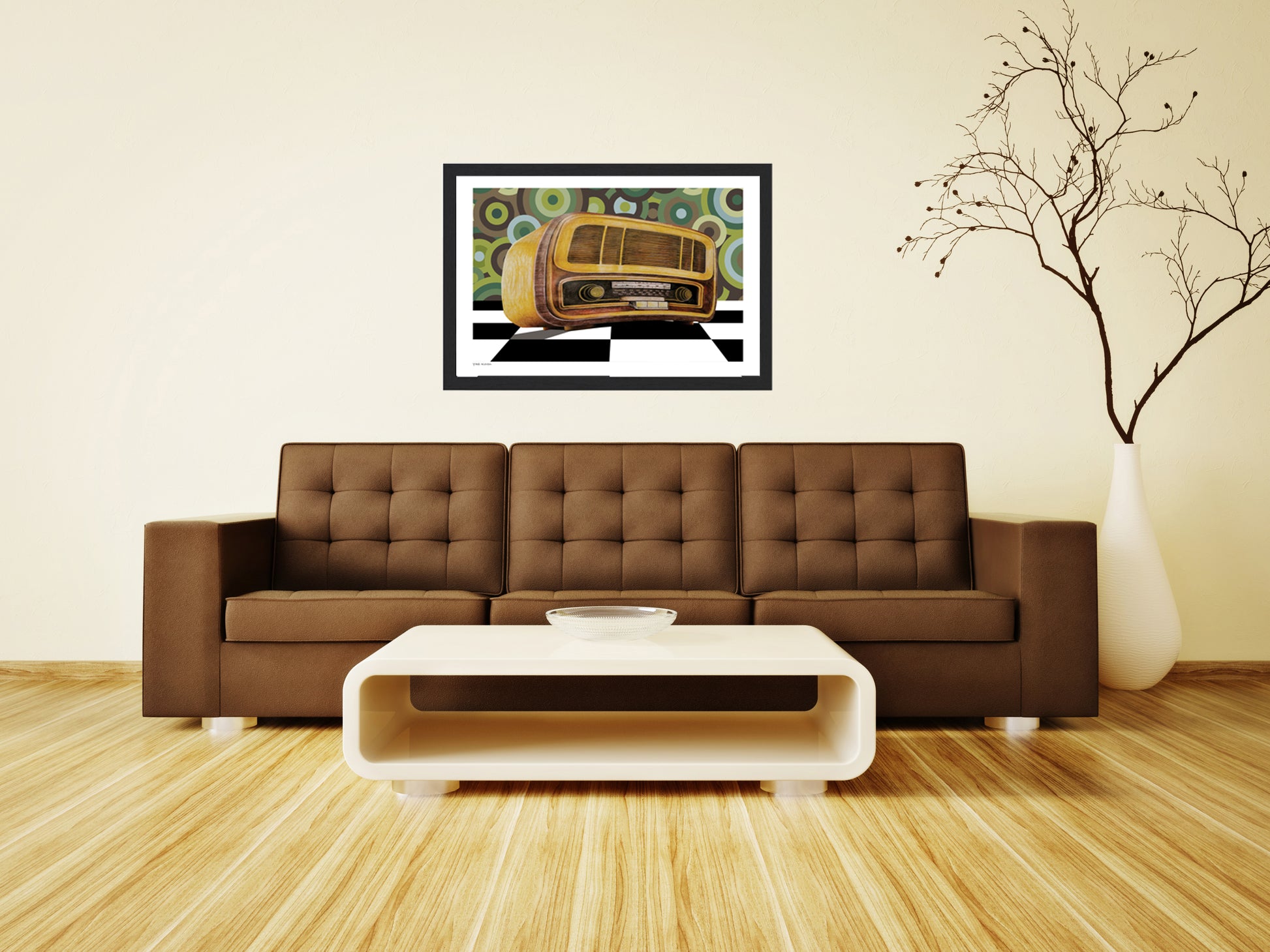 Add a touch of nostalgia to your space with this retro style poster featuring a realistic painting of an old radio. Set against a striking black and white checkered floor and surrounded by 1960s circle wallpaper, this artwork brings vintage charm to any room. Perfect for a retro style living room, it effortlessly complements a brown leather sofa, creating a cozy atmosphere. Hang this eye-catching piece above your sofa for an instant conversation starter and a stylish nod to the past. Transform your decor to