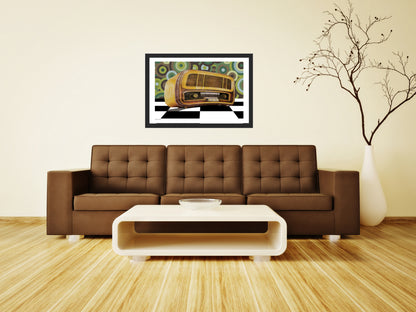 Add a touch of nostalgia to your space with this retro style poster featuring a realistic painting of an old radio. Set against a striking black and white checkered floor and surrounded by 1960s circle wallpaper, this artwork brings vintage charm to any room. Perfect for a retro style living room, it effortlessly complements a brown leather sofa, creating a cozy atmosphere. Hang this eye-catching piece above your sofa for an instant conversation starter and a stylish nod to the past. Transform your decor to