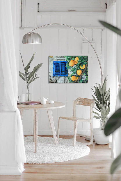 Rustic Blue Window and Oranges Oil Painting Print