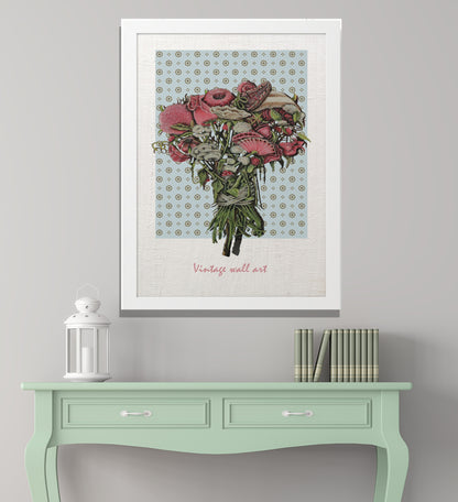 Elevate your living space with this stunning vertical framed poster, showcasing a realistically painted bouquet of pink flowers on a delicate light blue wallpaper background. This exquisite artwork, perfectly complemented by a white frame, adds a touch of elegance to any hallway. Ideal for those looking to enhance their home decor, this beautiful piece brings a refreshing vibe and a splash of color to your walls. Transform your space with this charming floral print that beautifully balances style and sereni