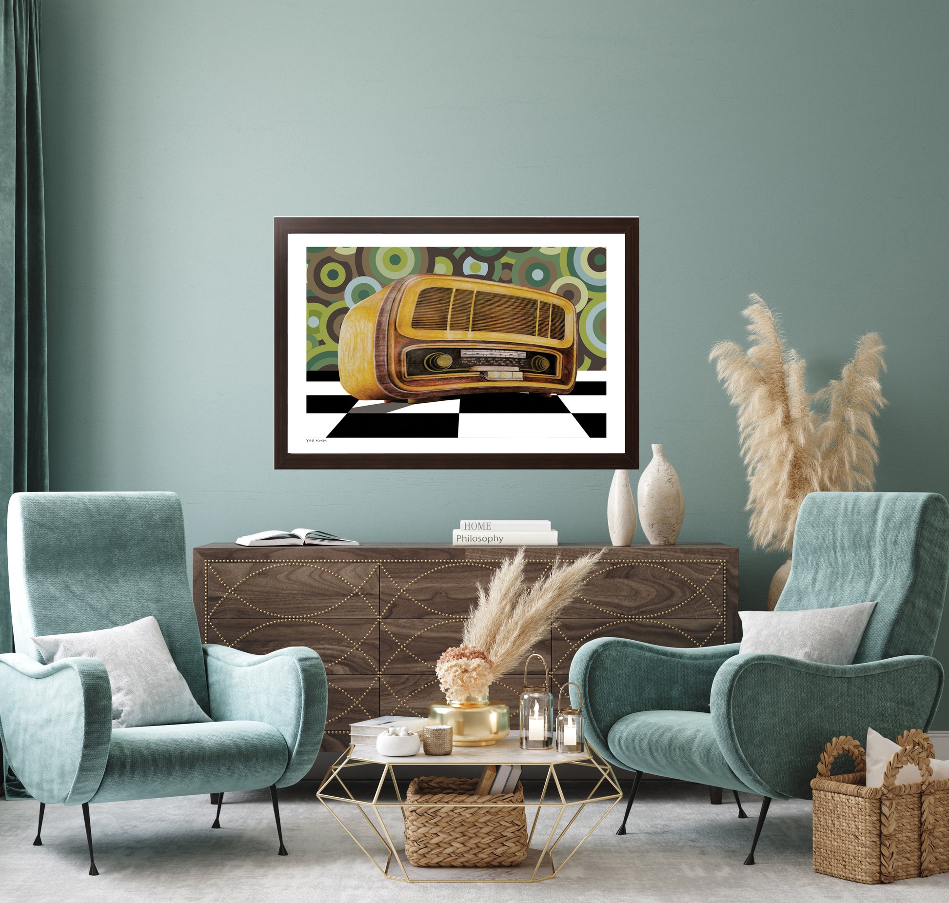 Transform your living space with this captivating retro style poster featuring a realistic painting of an old radio set against a striking black and white checkered floor. The vibrant 1960s circle wallpaper in the background adds a touch of nostalgia, making this piece perfect for any living room. Ideal for displaying above an old wooden chest of drawers in your cozy reading corner, this artwork invites warm memories and stylish charm into your home. Bring vintage flair to your decor today!
